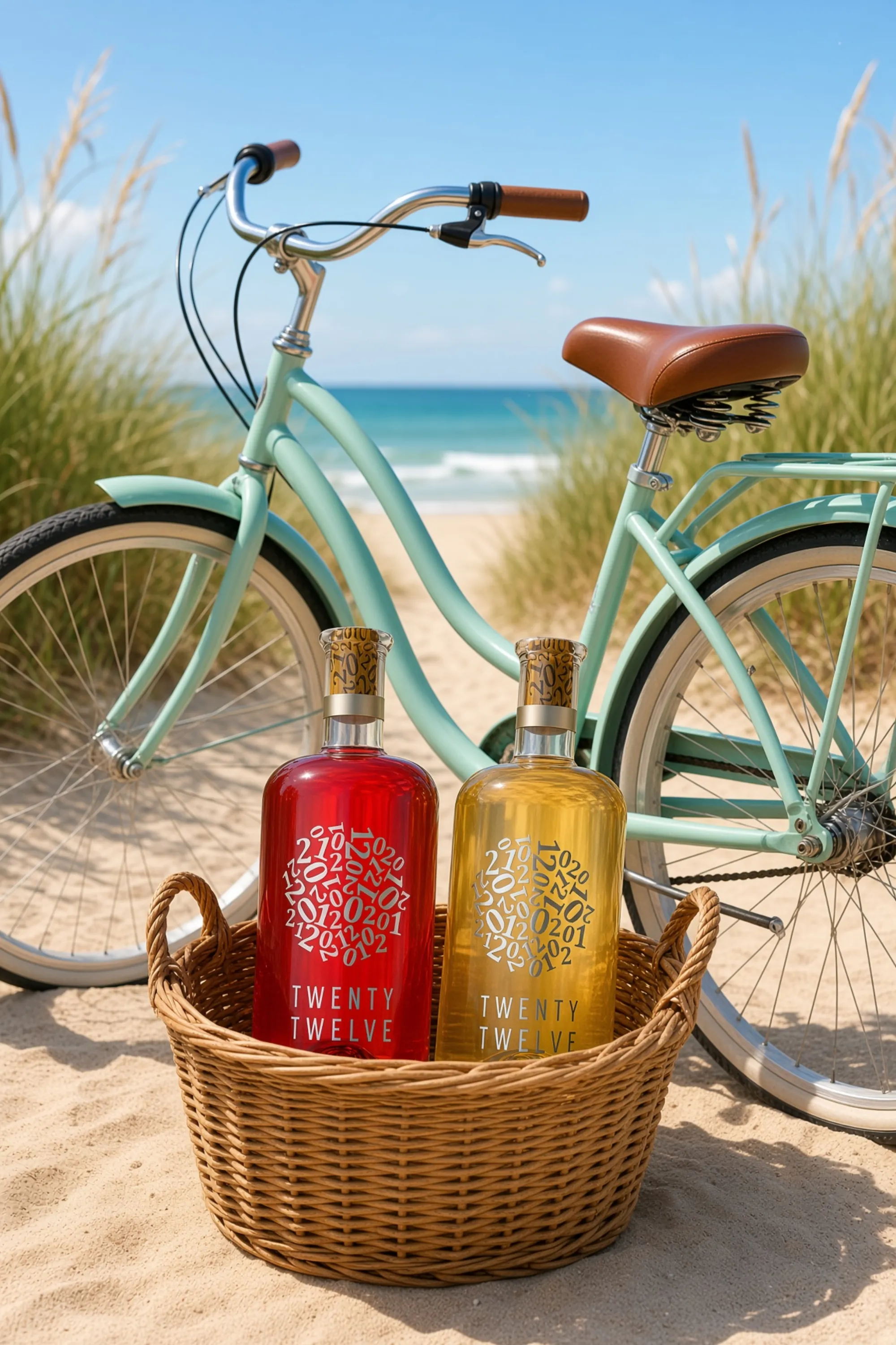 Twenty Twelve Pink y White en el cesto de una bicicleta de playa