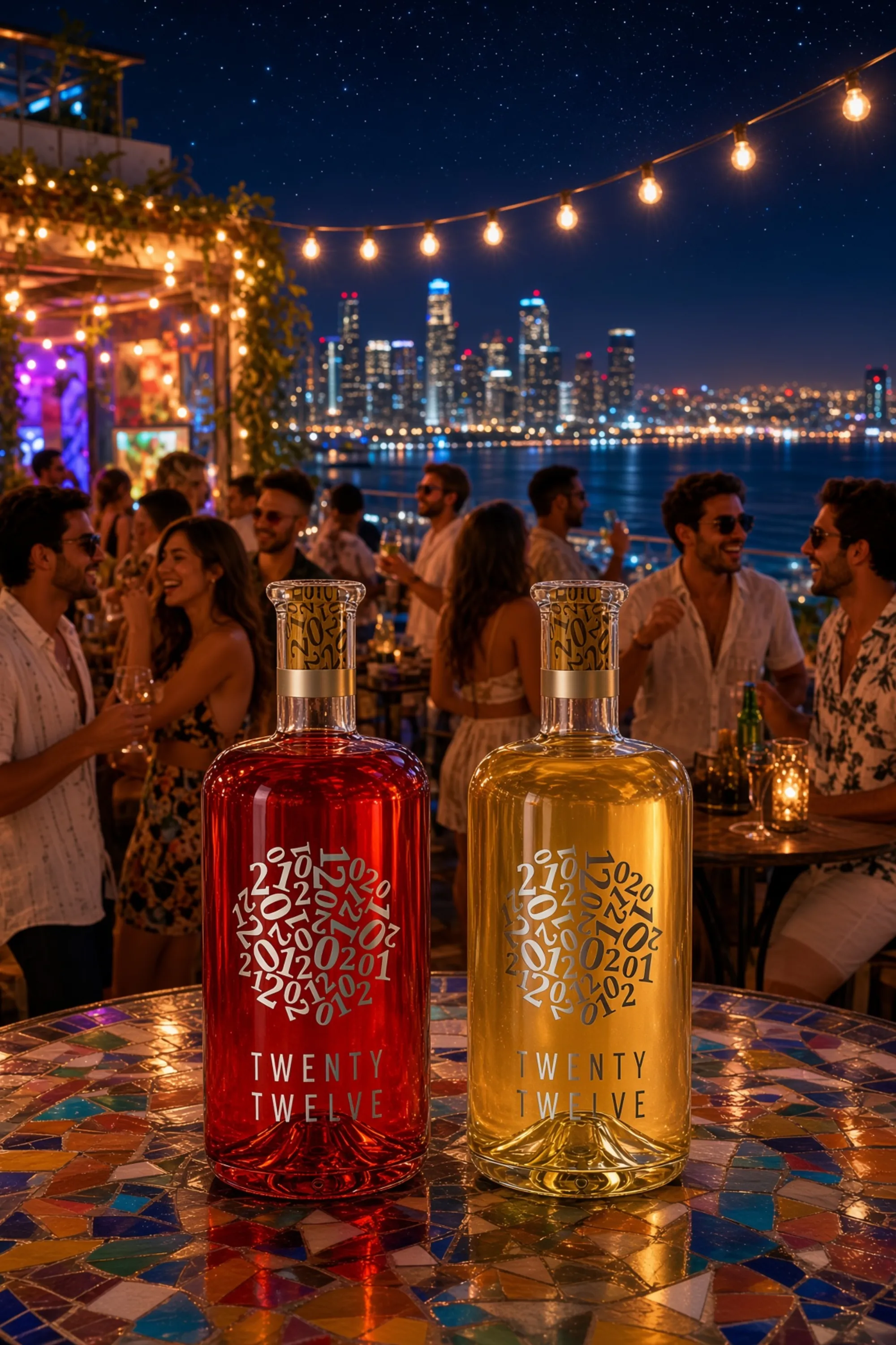 Twenty Twelve Pink y White en una terraza nocturna bajo luces