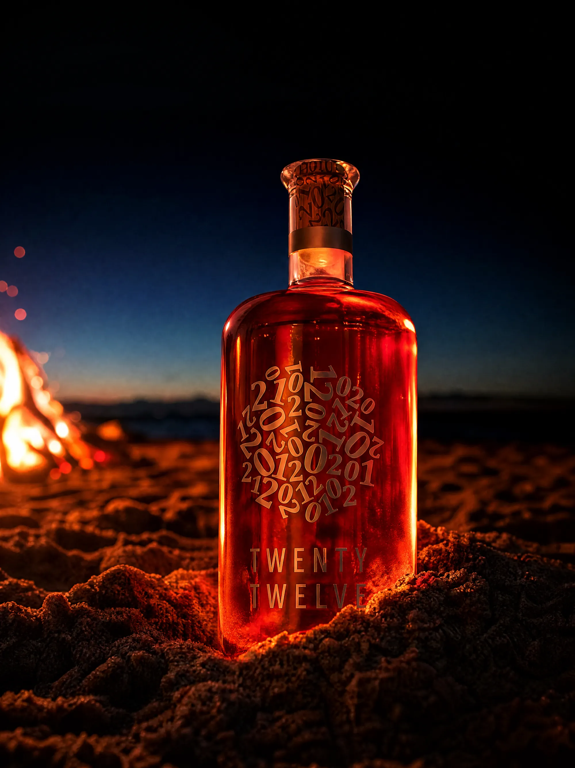 Twenty Twelve Pink en la arena junto a una hoguera nocturna