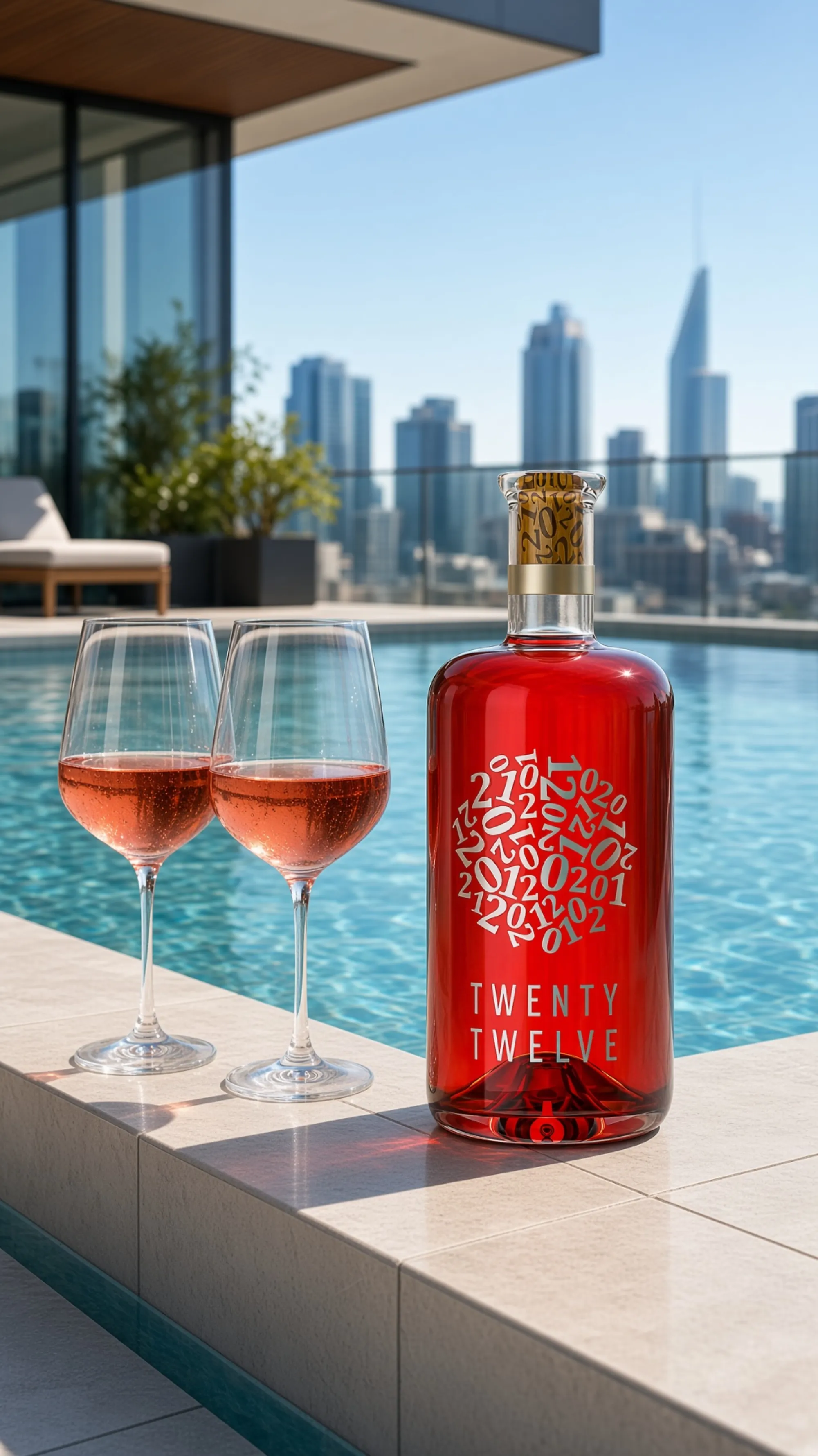 Twenty Twelve Pink am Dachpool mit zwei Gläsern Rosé