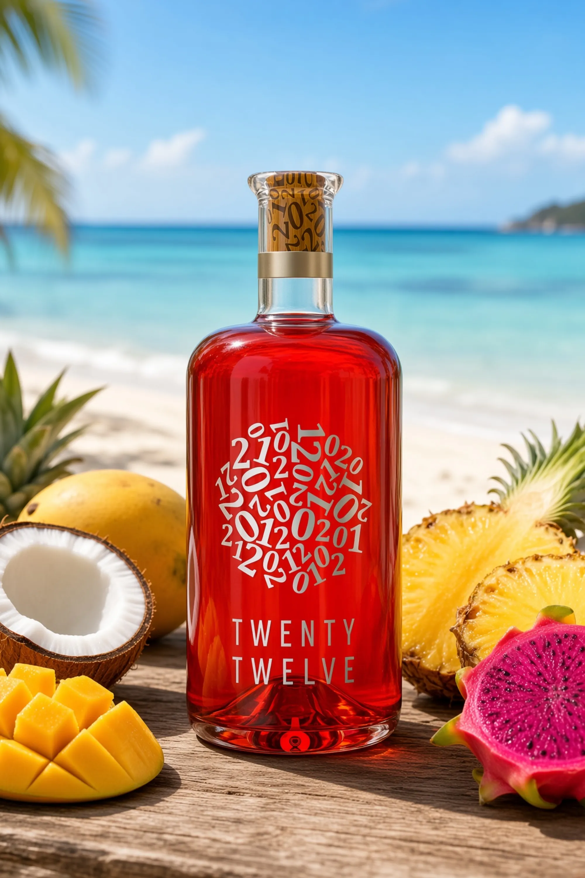 Twenty Twelve Pink auf einem Strandtisch mit tropischen Früchten