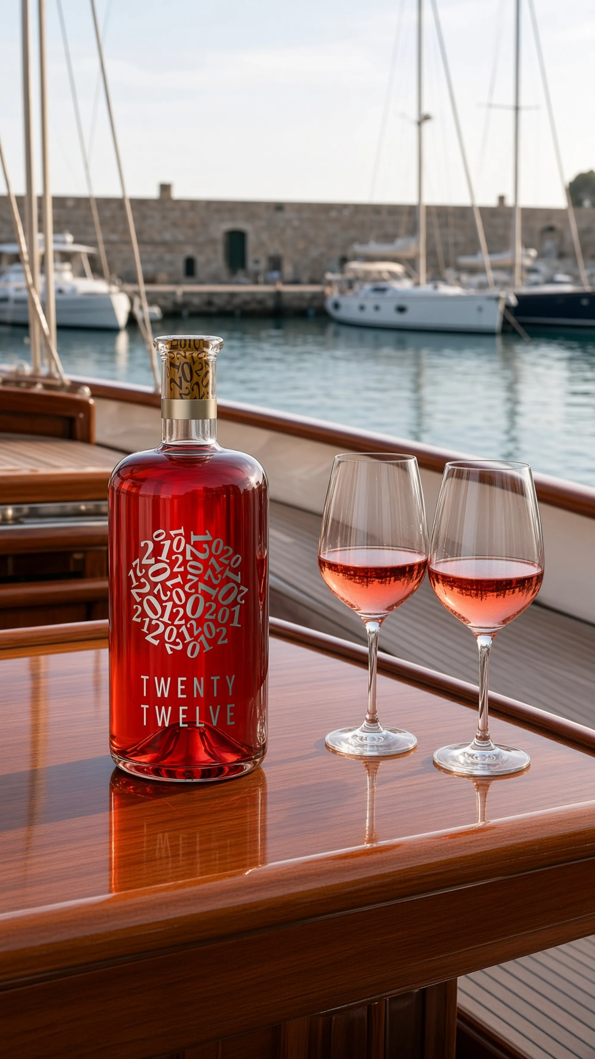 Twenty Twelve Pink sobre la mesa de madera de un yate en un puerto mediterráneo