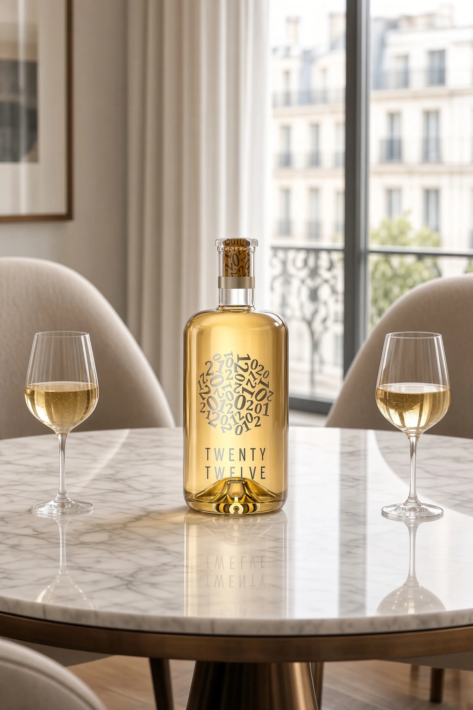 Twenty Twelve White auf einem Marmortisch mit zwei Gläsern